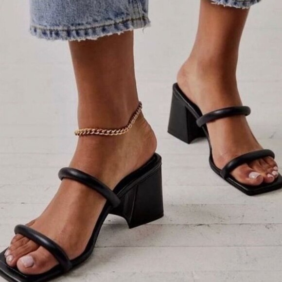 ✨ Free People Parker Double Strap Pillow Heels Square Toe Chunky Sandals Black - Picture 1 of 15